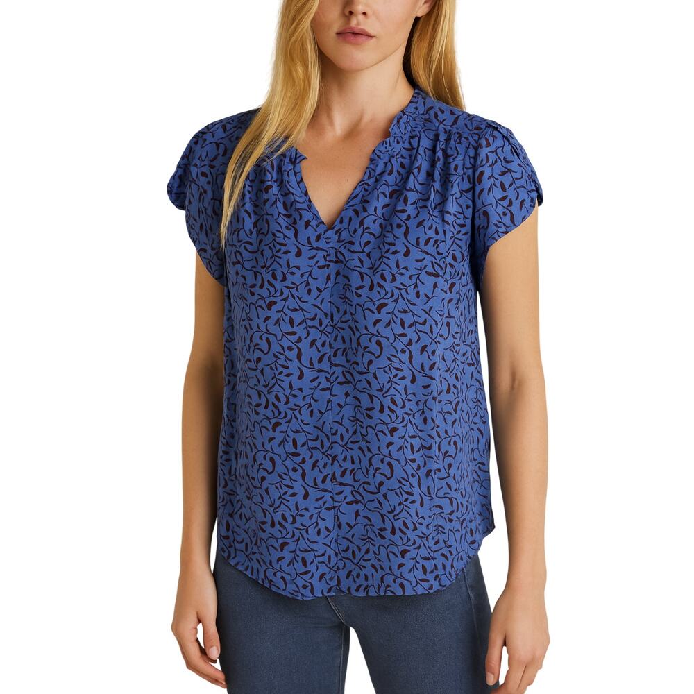 41 Hawthorn Tiffiny Blouse XS Petite NWT Blue Burgundy Tulip Sleeve Split Neck